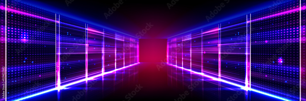Poster abstract data center room with bright neon blue and pink light glowing server blocks. realistic 3d v