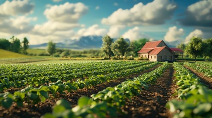 A serene rural landscape featuring lush green fields, a quaint farmhouse, and a backdrop of mountains under a bright, sunny sky, creating a peaceful agricultural scene