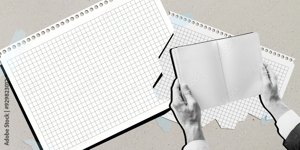 Poster close up of male hands holding notepad next to abstract torn copybook sheets on gray background. moc