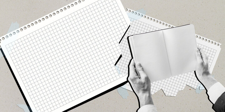 Close up of male hands holding notepad next to abstract torn copybook sheets on gray background. Mock up place. Education and back to school concept. - Powered by Adobe
