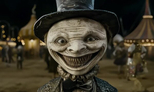 A whimsical character with a wide, eerie grin, dressed in formal attire, stands in a carnival setting filled with other performers and attractions.