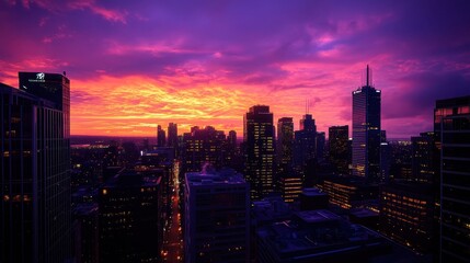 Fototapeta premium Cityscape at Sunset with Vibrant Purple and Orange Sky.