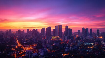 Breathtaking City Skyline at Sunset with Dramatic Pink and Orange Sky.