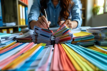 Obraz premium Office Clerk Overwhelmed by Piles of Tax Files and Accounting Documents