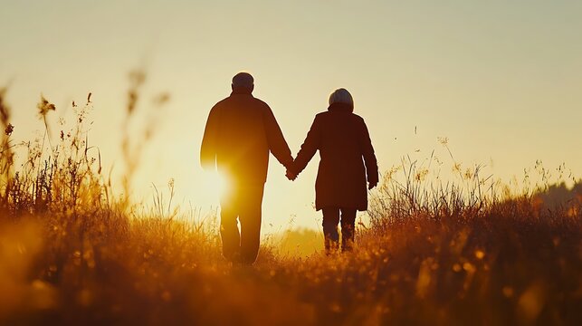 Silhouette of an elderly couple holding hands while walking in a field at sunset.