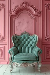 A mint green leather armchair sits in front of a pastel pink wall with ornate molding. The armchair has a tufted back and a carved wooden frame