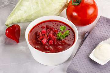 Borsch soup with cabbage and beetroot