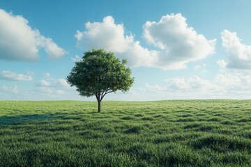 Obraz premium A serene landscape featuring a solitary tree in an expansive green field under a bright blue sky with fluffy clouds