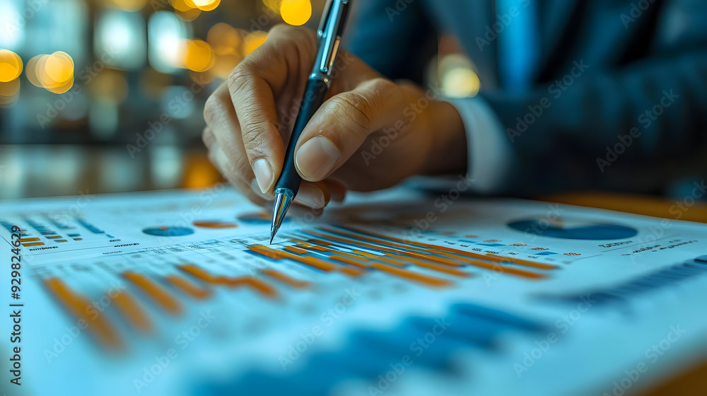 Poster A person analyzing charts and graphs with a pen in hand.