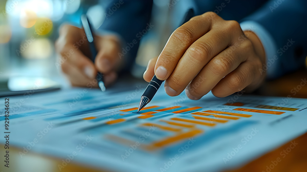 Poster a person analyzing charts and graphs with pens on a document.