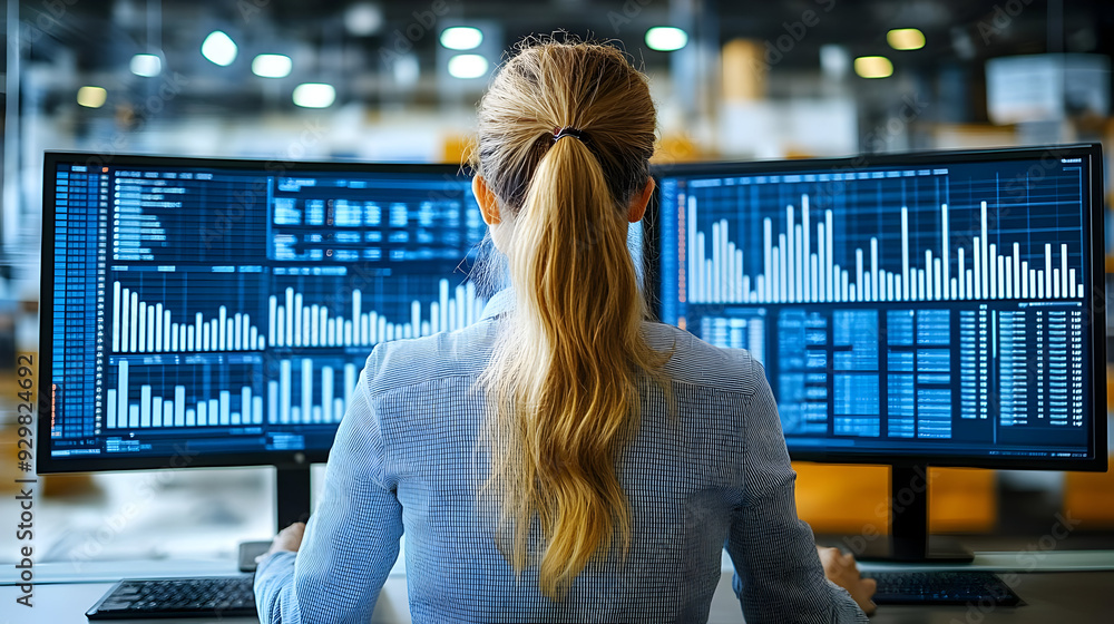 Aufkleber a person analyzing data on dual monitors in a modern workspace.