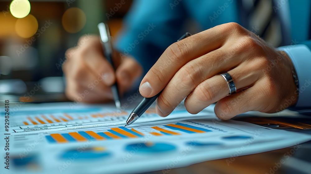 Poster a person analyzing graphs and charts with pens in hand.