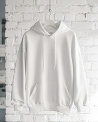 Blank White Hoodie Mockup Hanging on a Hanger Against a White Brick Wall.