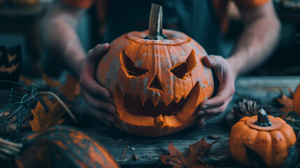 A man holds a scary pumpkin for Halloween.