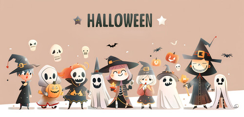 Charming illustration with children in costume enjoying Halloweeen