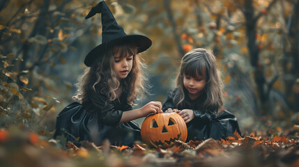 Two girls dressed as witches hold a pumpkin in the middle of the forest for Halloween.