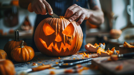 A man creating a scary pumpkin for halloween