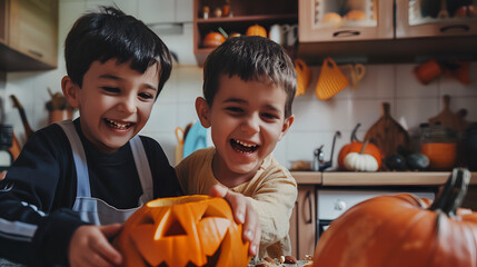 Two happy children making a pumpkin for halloween in the kitchen