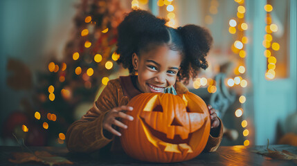 African girl enjoys smiling  with a pumpkin for halloween