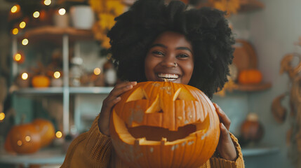 African girl in the kitchen smiling with a pumpkin for halloween