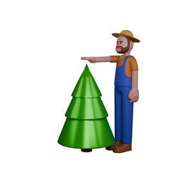 Male Farmer Illustration in 3D. A farmer is measuring the height of a pine tree using his hand. Professional
