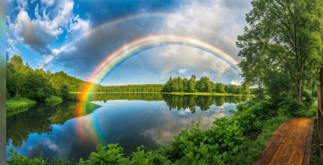 A panoramic view of the lake with a rainbow visible in the clear sky after the rain