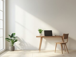 Minimalist Home Office with Desk, Laptop, Chair, and Plant, White Wall, Wooden Floor