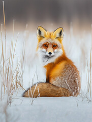 Fototapeta premium Elegant Red Fox Sitting Gracefully in the Snowy Winter Field with a Calm Gaze Radiating Natural Beauty and Sharp Instincts Blending Vivid Colors with Pristine Snow in a Serene Frozen Landscape