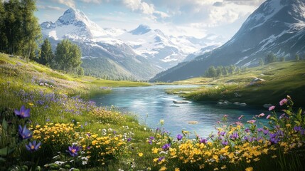 Serene Mountain River With Wildflowers and Snow-Capped Peaks.
