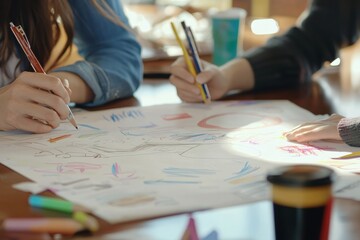 Creative team members working on an ad campaign strategy with brainstorming sessions and detailed concept drawings