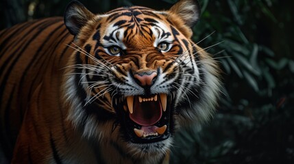 Naklejka premium Closeup of a Roaring Tiger in the Jungle