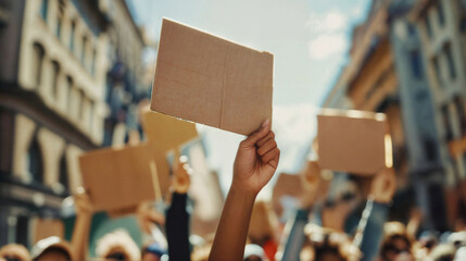 Crowd of people with blank protest signs. Modern lifestyle. Political demonstration, protest, social issues and freedom of speech concept. Background for banner, poster, news, blog. With copy space