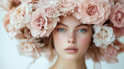 A stunning close-up portrait of a woman adorned with a large, colorful floral headpiece, showcasing beauty and nature.