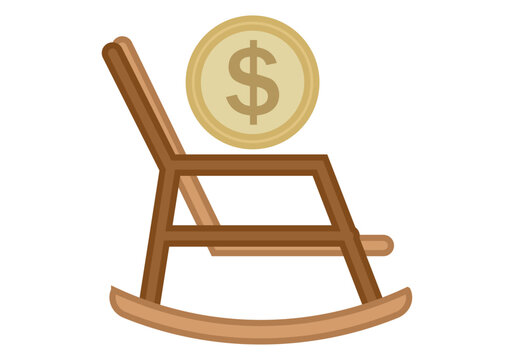 Mecedora marrón de madera con moneda de dólar representando pensión