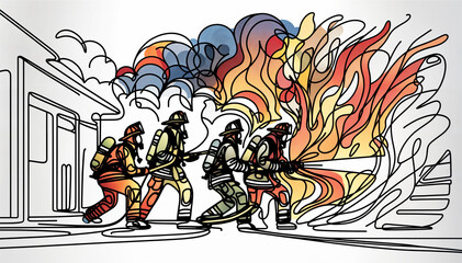 Firefighters battling flames with water hoses. Illustration style. Firefighting, emergency, and heroism concept. Design, print, poster, card, banner, social media