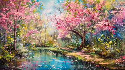 A Springtime Painting of a Forest Pond Surrounded by Vibrant Pink and Yellow Flowers
