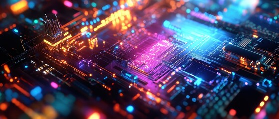 Obraz premium Abstract Futuristic Circuit Board with Colorful Neon Lights - Technology Background.
