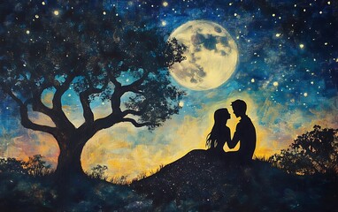 Obraz premium Silhouettes of a couple embracing under a full moon, illuminated by a sky full of stars.