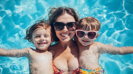 Happy mother with her two children swimming and having fun in a bright blue swimming pool under sunny skies.