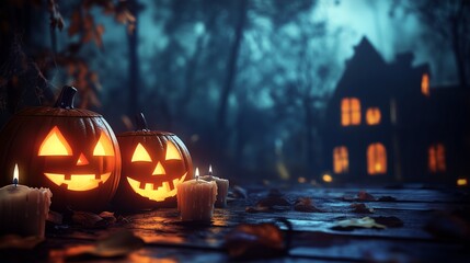 Obraz premium Glowing jack-o'-lanterns and candle lights on a foggy night with a spooky house in the background.