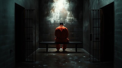 A solitary prisoner in an orange jumpsuit sits alone on a bench in a dimly lit jail cell.