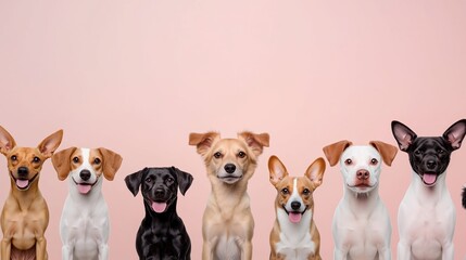 A diverse group of happy dogs sitting in a row, posing against a plain pink background, all with friendly expressions.