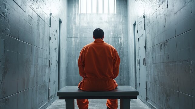 A solitary prisoner in an orange jumpsuit sits on a bench in a dim, narrow jail cell.