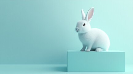 Obraz premium cute white rabbit sitting on a blue box on blue background