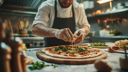 A chef in a professional kitchen adding fresh toppings to a homemade pizza, highlighting culinary skills and authentic cooking.