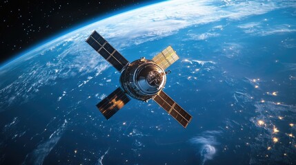 Obraz premium A high-tech satellite orbiting Earth, with the blue planet's curvature visible in the background, symbolizing global communication