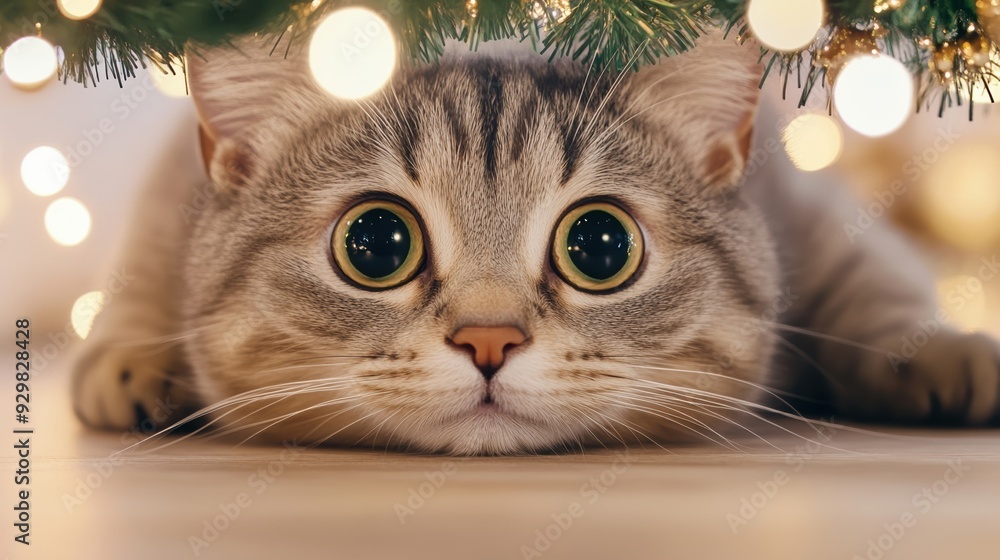 Sticker A cat laying on the floor under a christmas tree, AI