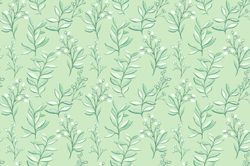 Pastel mint pattern with abstract artistic shapes leaf stems, creative berries on branch. Unique plants contemporary seamless print.  Vector hand drawing illustration. Designs for fabric