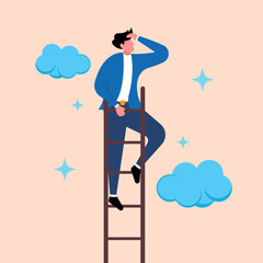 Illustration of a Young Entrepreneur Starting a Career Process. Vector Concept of Character Flying Above the Clouds