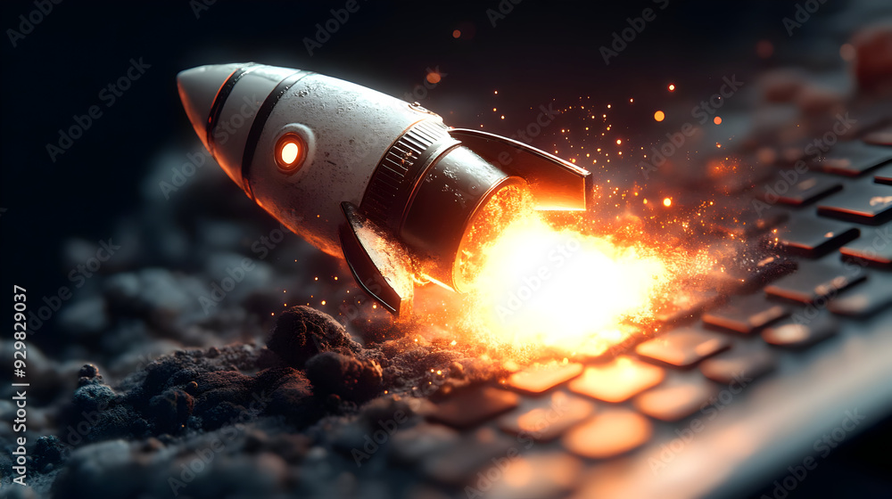 Poster a rocket launching from a keyboard, symbolizing technology and innovation.